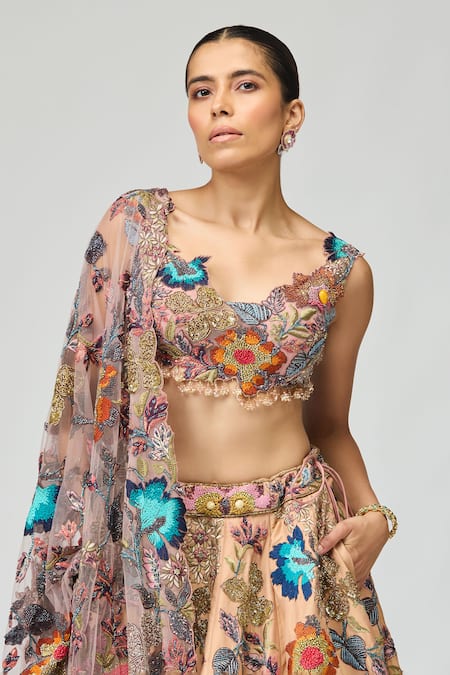 Varun Bahl_Pink Viscose, Tissue Embroidery, Sequins, Stones Sweetheart Thread Lehenga Set _Online_at_Aza_Fashions