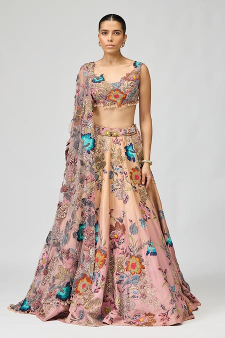 Shop_Varun Bahl_Pink Viscose, Tissue Embroidery, Sequins, Stones Sweetheart Thread Lehenga Set _Online_at_Aza_Fashions