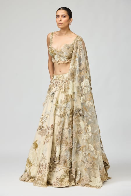 Shop_Varun Bahl_Ivory Viscose, Tissue Sequins, Cut 3d Floral Patchwork Embroidered Lehenga Set _Online_at_Aza_Fashions