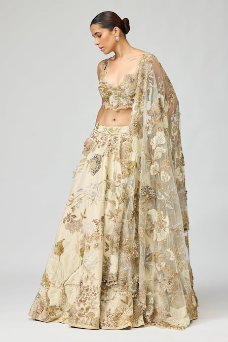 Varun Bahl_Ivory Viscose, Tissue Sequins, Cut 3d Floral Patchwork Embroidered Lehenga Set _at_Aza_Fashions