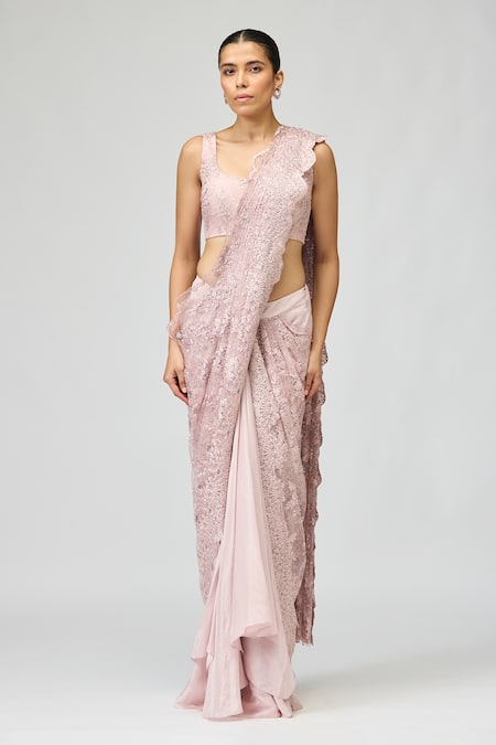 Varun Bahl Crystal Embroidered Pre-Draped Saree With Blouse 