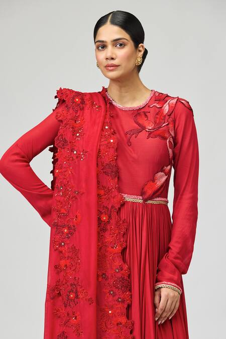 Varun Bahl_Red Silk Sequins, Beads, Stones Round Neck 3d Leaf Embroidered Anarkali Set _Online_at_Aza_Fashions