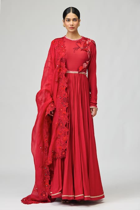 Buy_Varun Bahl_Red Silk Sequins, Beads, Stones Round Neck 3d Leaf Embroidered Anarkali Set _Online_at_Aza_Fashions