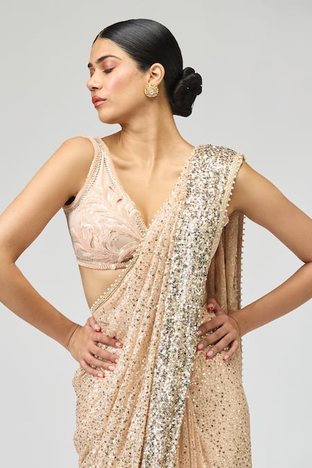 Varun Bahl_Peach Silk, Georgette Sequins, Beads V-neck Embroidered Saree With Blouse _Online_at_Aza_Fashions