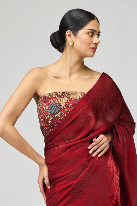 Buy_Varun Bahl_Maroon Organza Embroidery, Beads Bandeau Neck Saree With Blouse _Online_at_Aza_Fashions