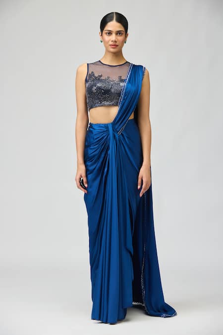 Varun Bahl_Blue Satin, Net Sequins, Beads Round Neck Embellished Saree With Blouse _Online_at_Aza_Fashions