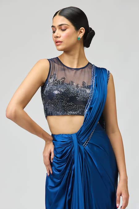 Buy_Varun Bahl_Blue Satin, Net Sequins, Beads Round Neck Embellished Saree With Blouse _Online_at_Aza_Fashions