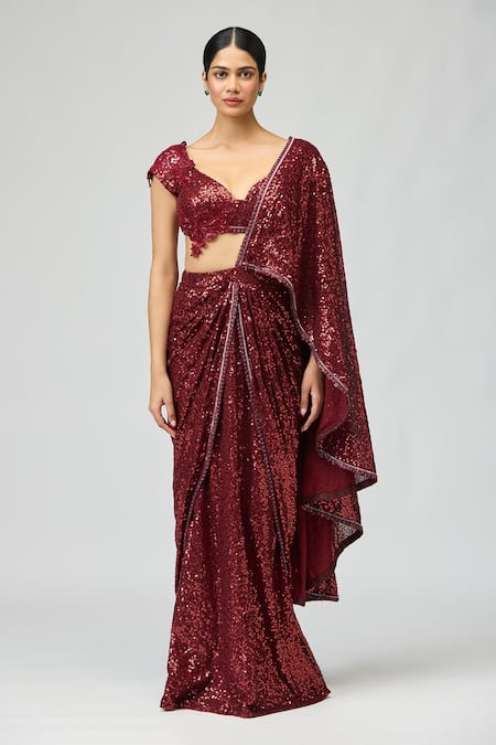 Varun Bahl_Maroon Sequins Sweetheart Neck Work Pre-draped Saree With Blouse _Online_at_Aza_Fashions