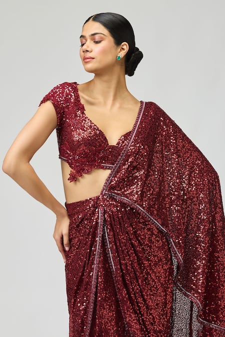 Buy_Varun Bahl_Maroon Sequins Sweetheart Neck Work Pre-draped Saree With Blouse _Online_at_Aza_Fashions