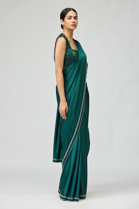 Varun Bahl_Emerald Green Satin Beads, Cut Work, Stones Square Saree With Embellished Blouse _Online_at_Aza_Fashions