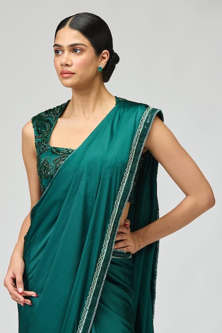 Buy_Varun Bahl_Emerald Green Satin Beads, Cut Work, Stones Square Saree With Embellished Blouse _Online_at_Aza_Fashions