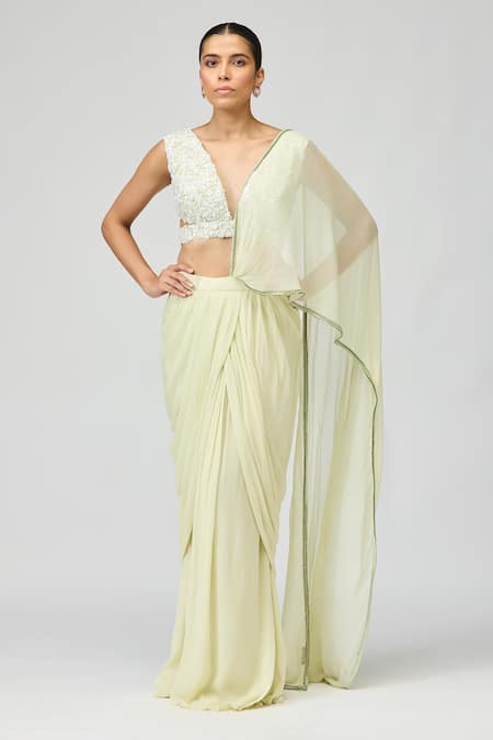 Varun Bahl Silk Chiffon Pre-Draped Saree With Blouse 
