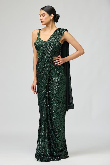 Buy_Varun Bahl_Emerald Green Sequins Scoop Neck Embellished Saree With Blouse _Online_at_Aza_Fashions