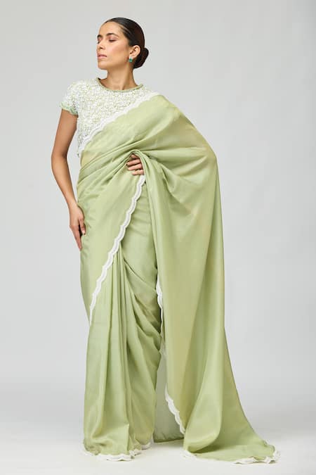 Varun Bahl_Green Net, Viscose, Tissue Sequins, Beads, Cut Work Round Embellished Saree Set _Online_at_Aza_Fashions