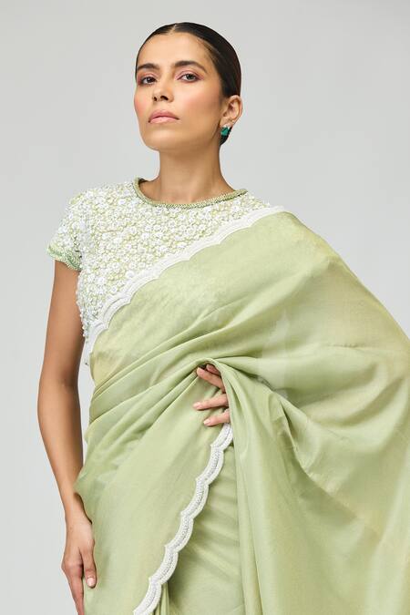 Buy_Varun Bahl_Green Net, Viscose, Tissue Sequins, Beads, Cut Work Round Embellished Saree Set _Online_at_Aza_Fashions