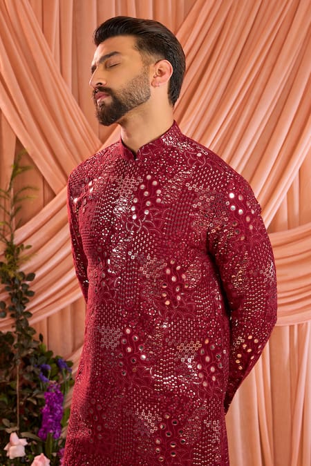 Buy Kasbah Maroon Silk Sequins, Mirrors Work Kurta Online at Aza Fashions Buy_Kasbah_Maroon Silk Sequins, Mirrors Work Kurta _Online_at_Aza_Fashions