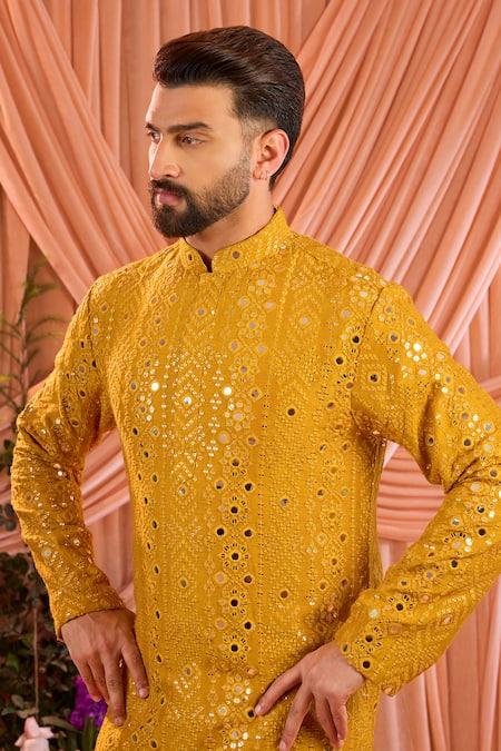 Buy_Kasbah_Yellow Silk Sequins, Mirrors Work Kurta _Online_at_Aza_Fashions