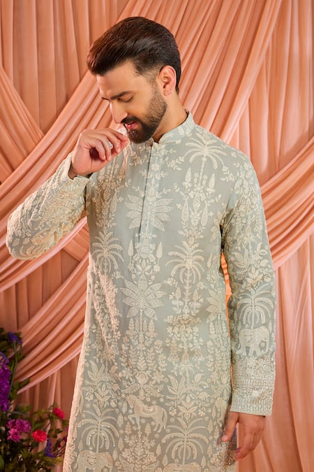 Kasbah_Blue Georgette Embroidery, Sequins Chikankari Kurta _Online_at_Aza_Fashions