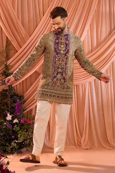 Kasbah_Purple Silk, Crepe Sequins, Zari Floral Pattern Kurta _Online_at_Aza_Fashions
