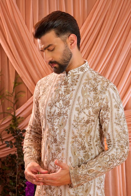 Buy_Kasbah_White Georgette Embroidery, Sequins Chikankari Kurta _Online_at_Aza_Fashions