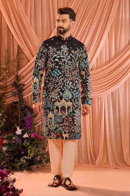 Kasbah_Black Silk Embroidery Mughal Kurta _Online_at_Aza_Fashions