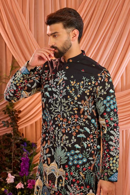 Buy_Kasbah_Black Silk Embroidery Mughal Kurta _Online_at_Aza_Fashions