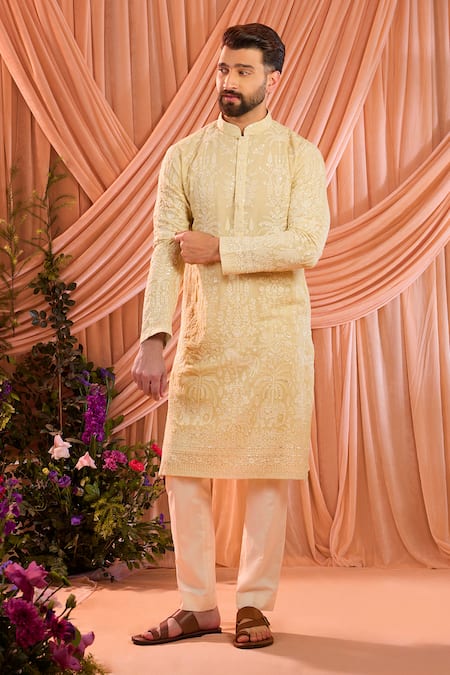 Kasbah_Yellow Georgette Embroidery, Sequins Tonal Work Kurta _Online_at_Aza_Fashions