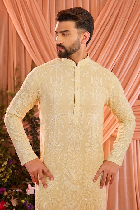 Buy_Kasbah_Yellow Georgette Embroidery, Sequins Tonal Work Kurta _Online_at_Aza_Fashions
