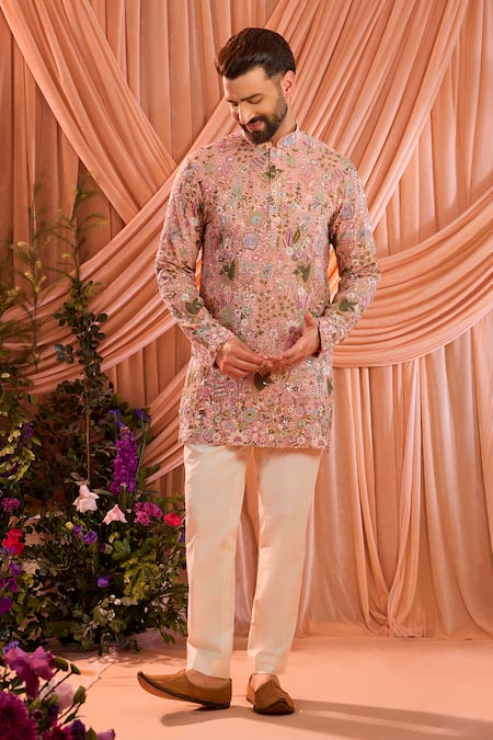 Kasbah_Pink Georgette Embroidery, Sequins Floral Pattern Short Kurta _Online_at_Aza_Fashions