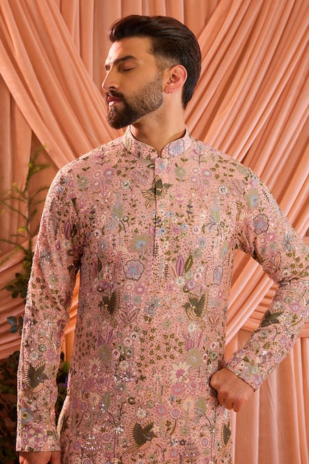 Buy_Kasbah_Pink Georgette Embroidery, Sequins Floral Pattern Short Kurta _Online_at_Aza_Fashions