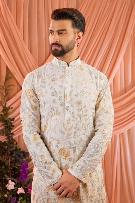 Buy Kasbah Ivory Georgette, Satin Embroidery, Sequins, Zari Floral Pattern Kurta Online at Aza Fashions Buy_Kasbah_Ivory Georgette, Satin Embroidery, Sequins, Zari Floral Pattern Kurta _Online_at_Aza_Fashions