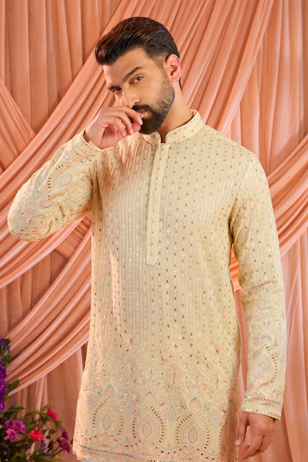 Kasbah_Yellow Georgette Embroidery, Sequins, Zari, Foil Printing Kurta _Online_at_Aza_Fashions