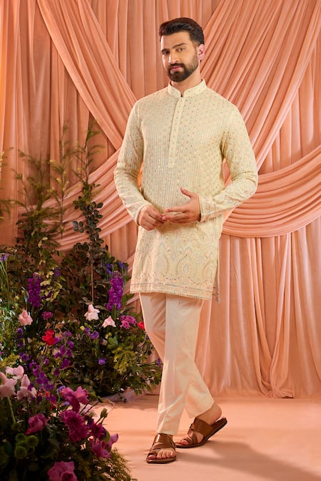 Buy_Kasbah_Yellow Georgette Embroidery, Sequins, Zari, Foil Printing Kurta _Online_at_Aza_Fashions