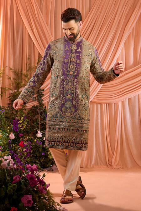 Kasbah_Purple Silk, Crepe Sequins, Zari Floral Pattern Kurta _Online_at_Aza_Fashions
