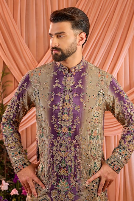 Buy_Kasbah_Purple Silk, Crepe Sequins, Zari Floral Pattern Kurta _Online_at_Aza_Fashions