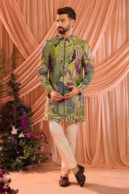 Kasbah Multi Color Silk, Crepe Zari Abstract Embroidered Sherwani Jacket Online at Aza Fashions Kasbah_Multi Color Silk, Crepe Zari Abstract Embroidered Sherwani Jacket _Online_at_Aza_Fashions