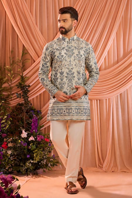 Kasbah_Beige Tissue Embroidery, Sequins, Zari Chikankari Floral Pattern Short Kurta _Online_at_Aza_Fashions