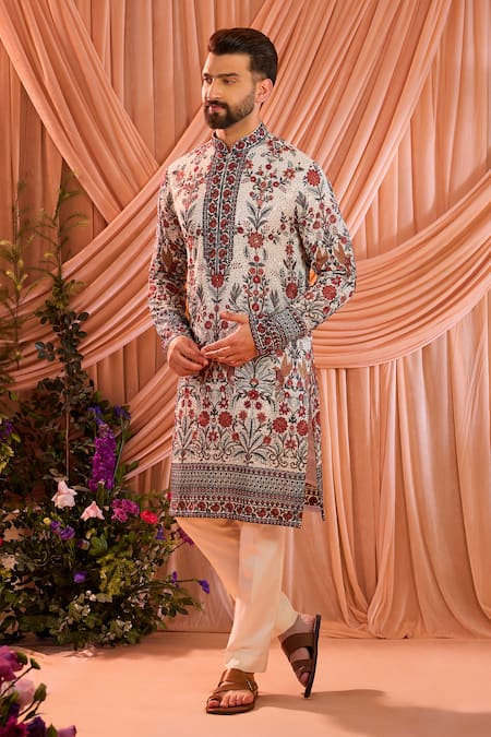 Buy_Kasbah_White Georgette Embroidery, Sequins Floral Pattern Kurta _Online_at_Aza_Fashions