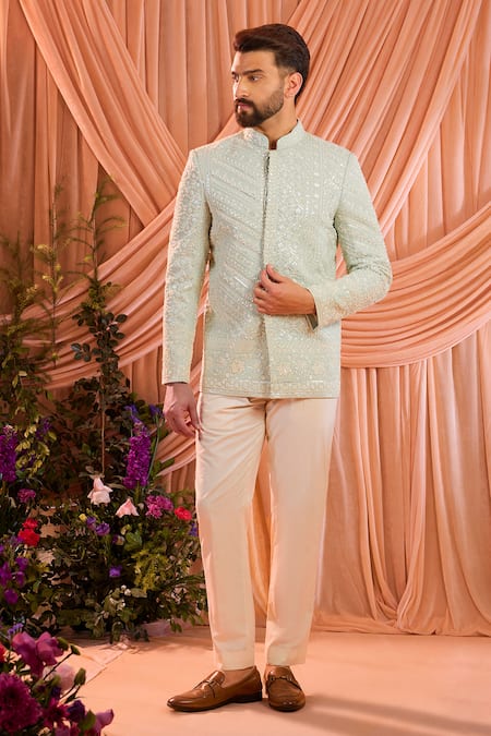 Kasbah_Blue Georgette Embroidery, Stones Hand Bandhgala _Online_at_Aza_Fashions