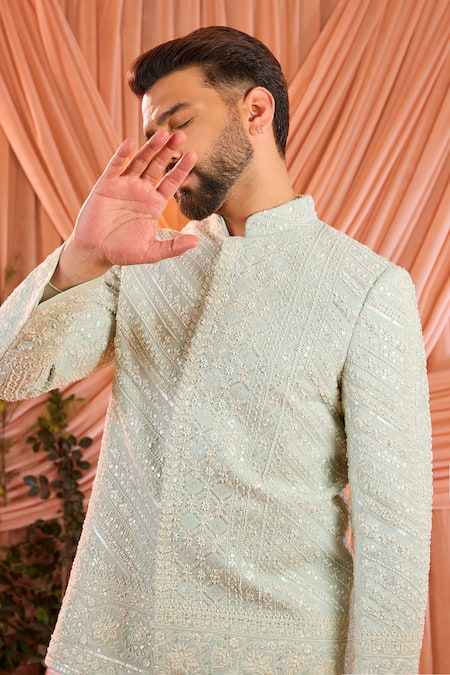 Buy_Kasbah_Blue Georgette Embroidery, Stones Hand Bandhgala _Online_at_Aza_Fashions