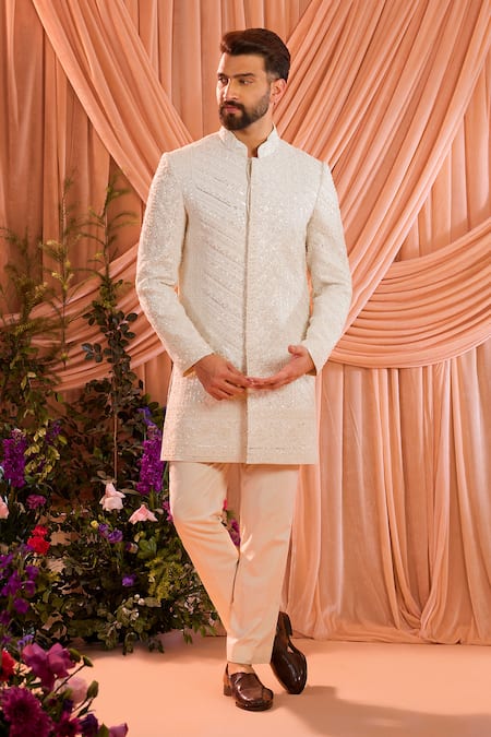 Kasbah_Ivory Georgette Embroidery, Stones Tonal Sherwani _Online_at_Aza_Fashions