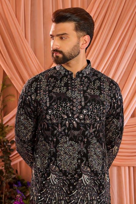 Buy_Kasbah_Black Georgette Embroidery, Sequins, Zari Kurta _Online_at_Aza_Fashions