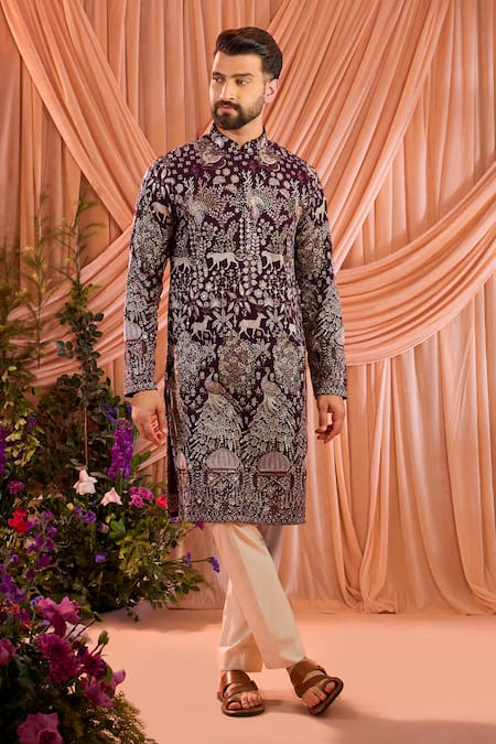 Kasbah_Wine Georgette Sequins, Zari Heritage Motif Kurta _Online_at_Aza_Fashions