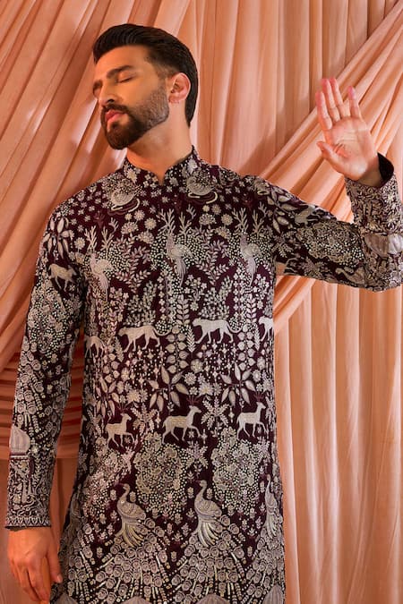 Buy_Kasbah_Wine Georgette Sequins, Zari Heritage Motif Kurta _Online_at_Aza_Fashions