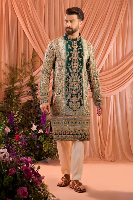 Kasbah_Green Silk, Crepe Embroidery, Sequins, Zari Heritage Kurta _Online_at_Aza_Fashions