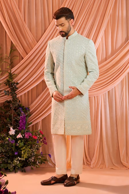 Kasbah_Blue Georgette Beads, Stones Tonal Embroidered Sherwani Jacket _Online_at_Aza_Fashions