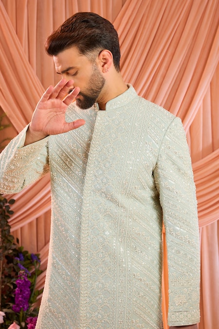 Buy_Kasbah_Blue Georgette Beads, Stones Tonal Embroidered Sherwani Jacket _Online_at_Aza_Fashions