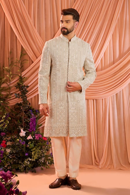 Kasbah Beige Georgette Beads, Stones Tonal Embroidered Sherwani Jacket Online at Aza Fashions Kasbah_Beige Georgette Beads, Stones Tonal Embroidered Sherwani Jacket _Online_at_Aza_Fashions