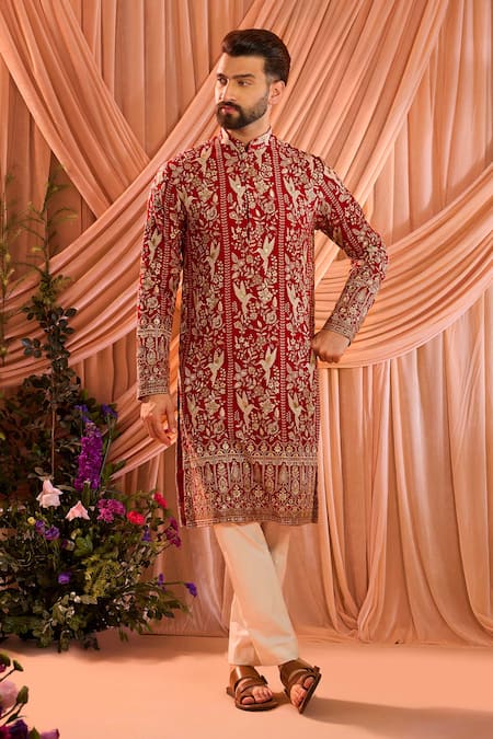 Kasbah_Pink Georgette Embroidery, Sequins, Zari Birds Pattern Kurta _Online_at_Aza_Fashions