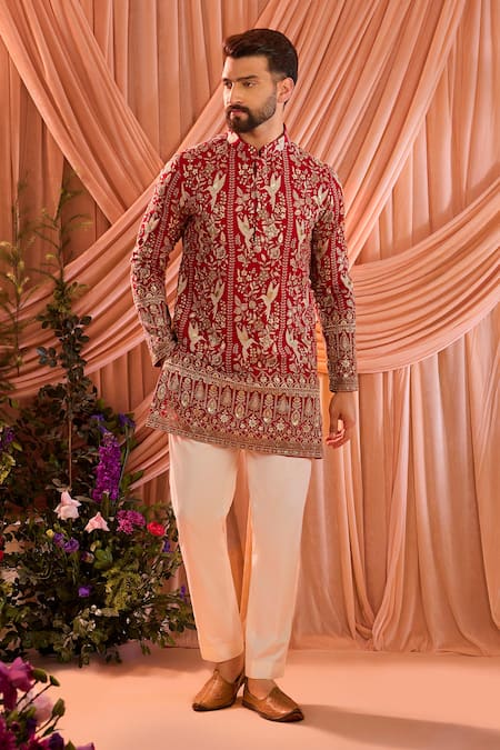 Kasbah_Pink Georgette Embroidery, Sequins, Zari Birds Short Kurta _Online_at_Aza_Fashions